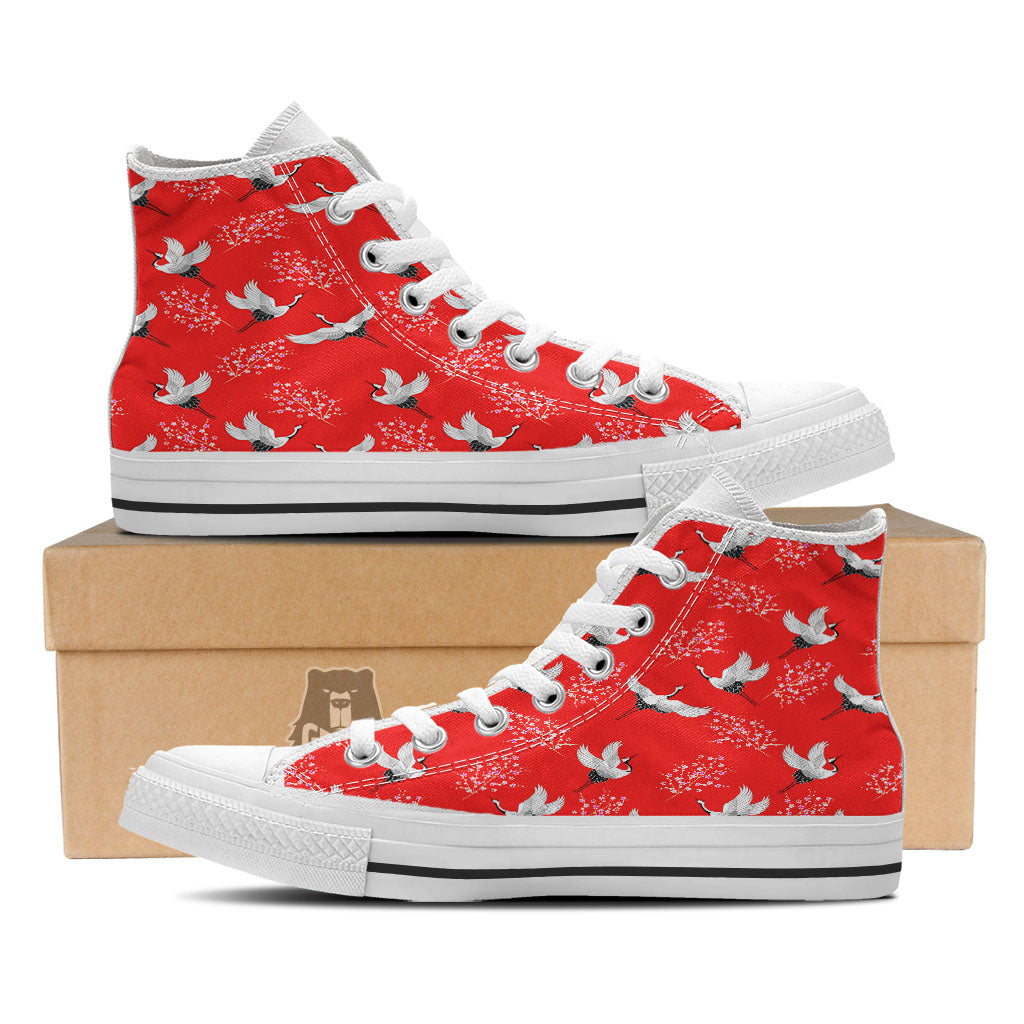 Crane Bird Japanese Print Pattern White High Top Shoes-grizzshop
