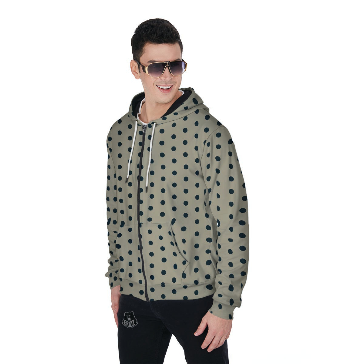 Cream And Black Polka Dot Print Men's Zip Up Hoodie-grizzshop