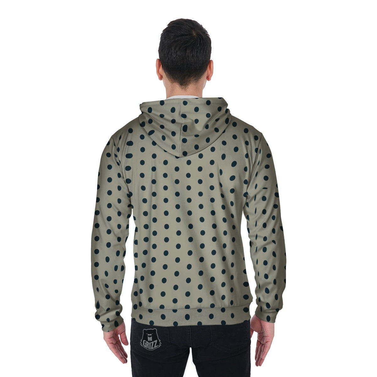Cream And Black Polka Dot Print Men's Zip Up Hoodie-grizzshop