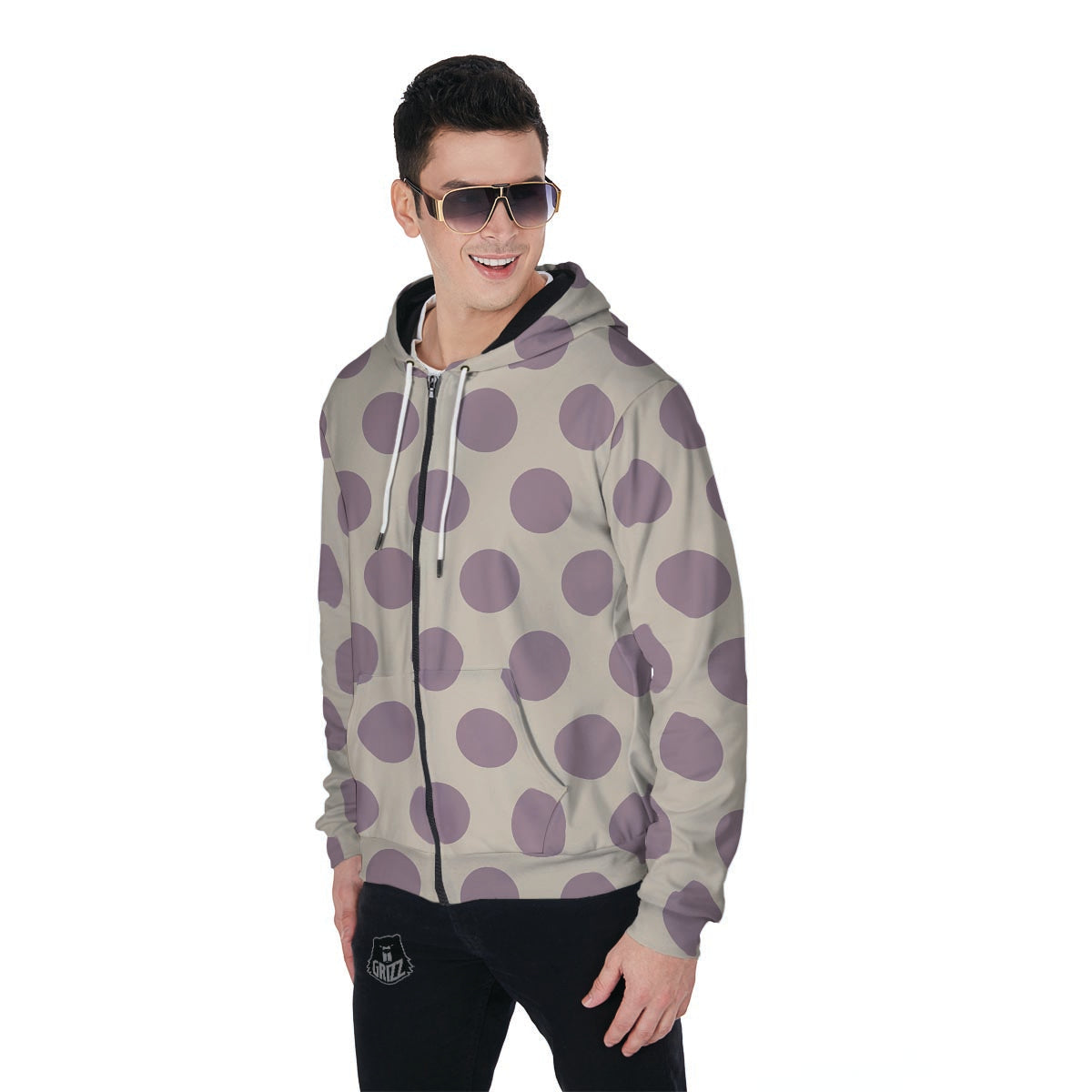 Cream And Brown Polka Dot Men's Zip Up Hoodie-grizzshop