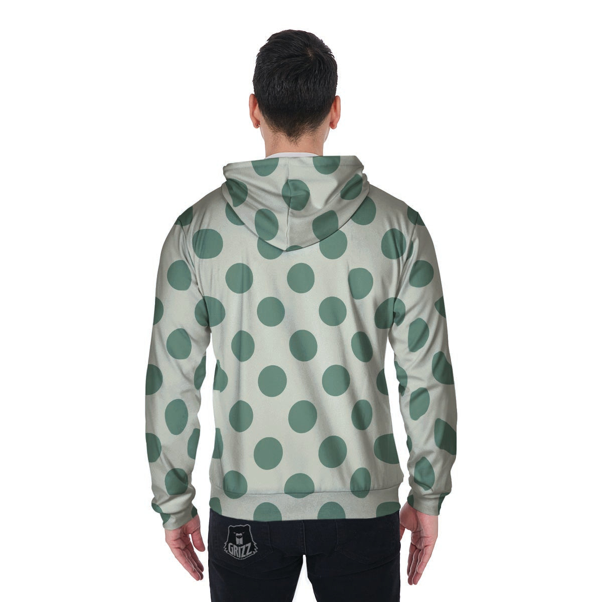Cream And Emerald Polka Dot Men's Zip Up Hoodie-grizzshop