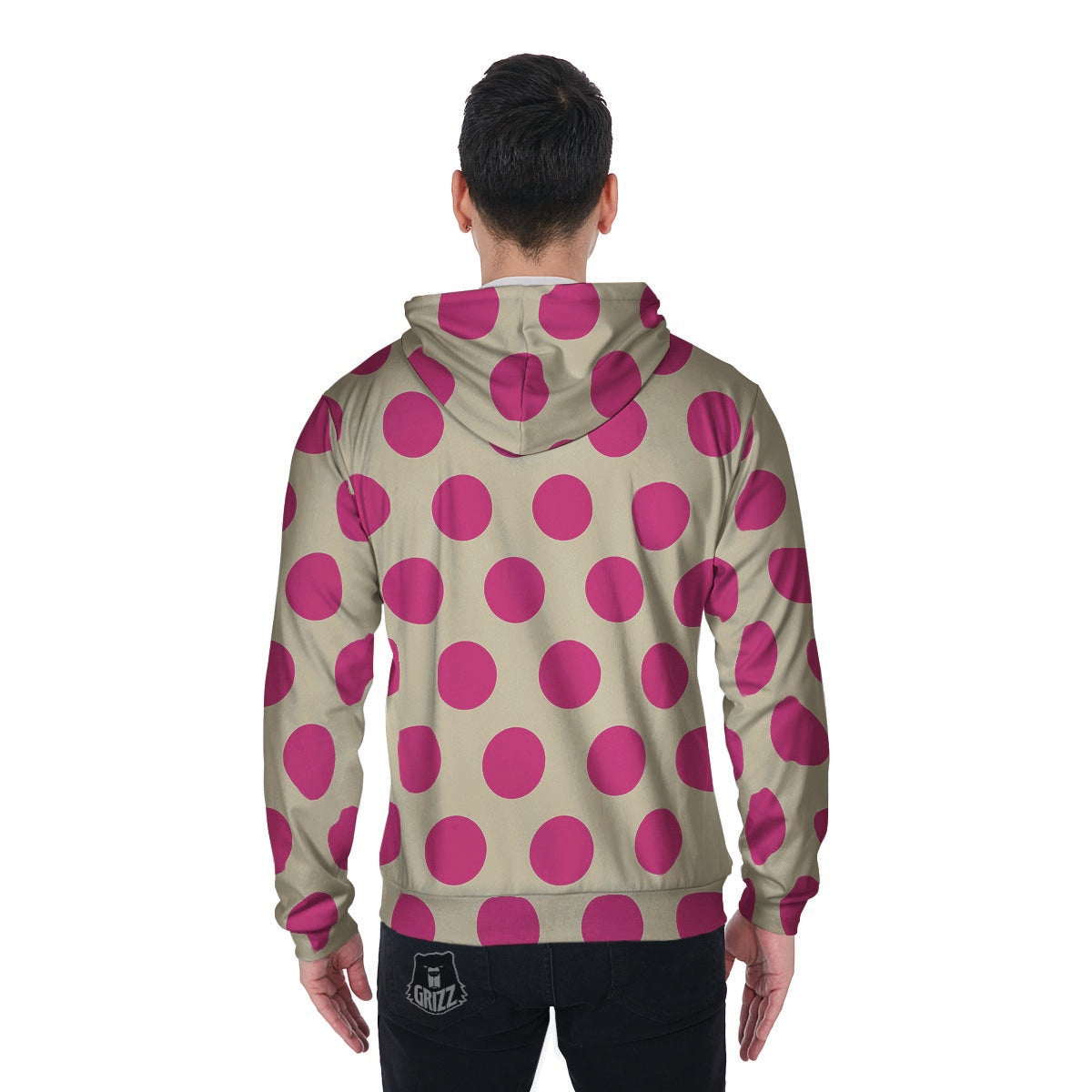 Cream And Pink Polka Dot Men's Zip Up Hoodie-grizzshop