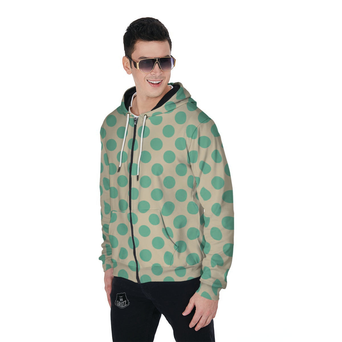 Cream And Teal Polka Dot Men's Zip Up Hoodie-grizzshop