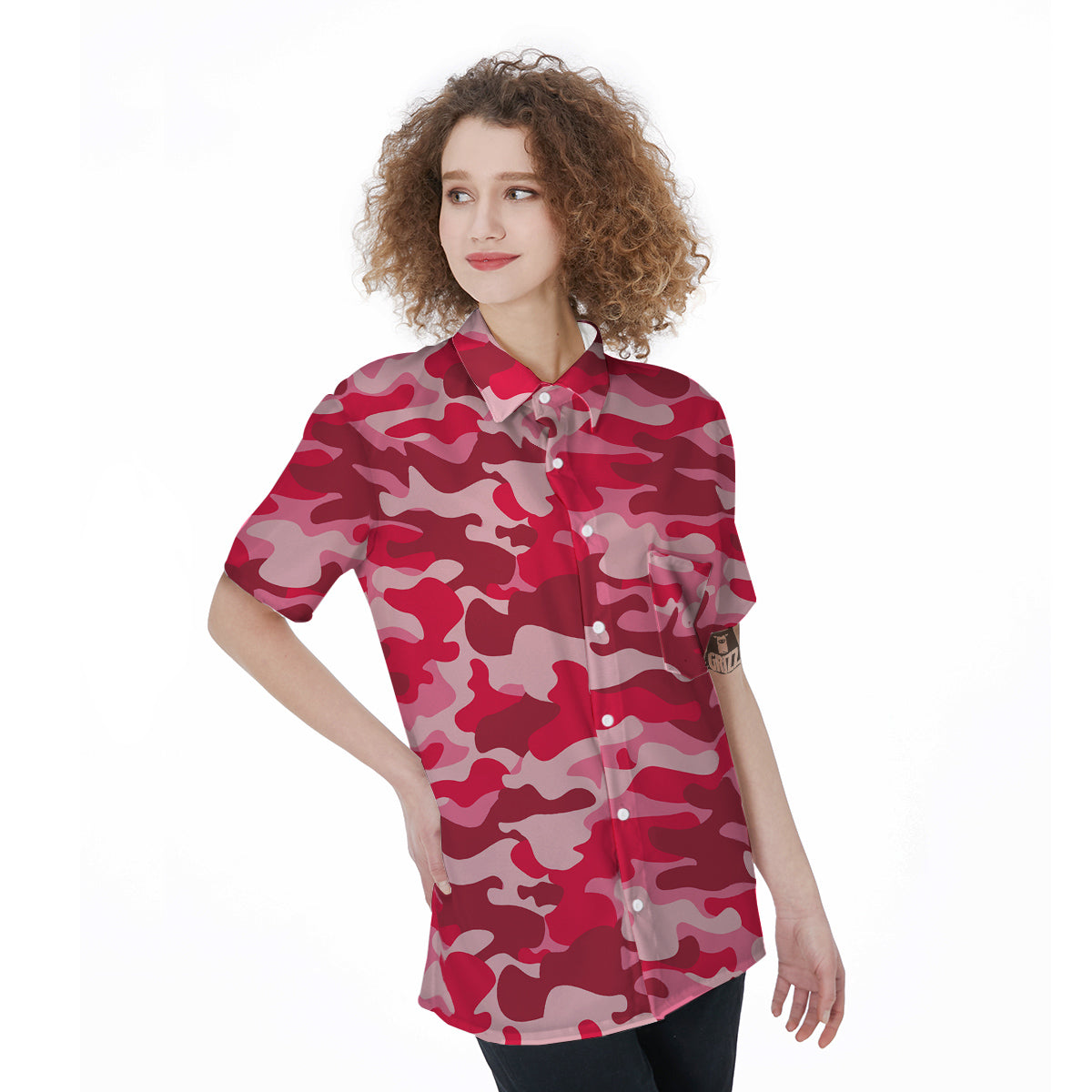 Crimson Camo And Camouflage Print Women's Short Sleeve Shirts-grizzshop