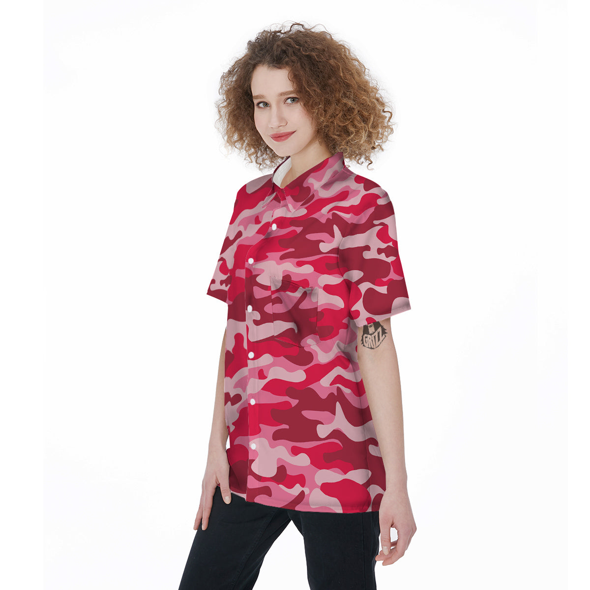 Crimson Camo And Camouflage Print Women's Short Sleeve Shirts-grizzshop