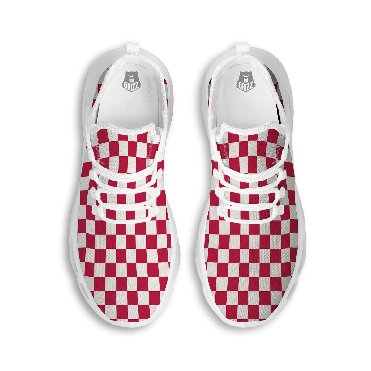 Crimson Checkered Flag Print White Running Shoes-grizzshop