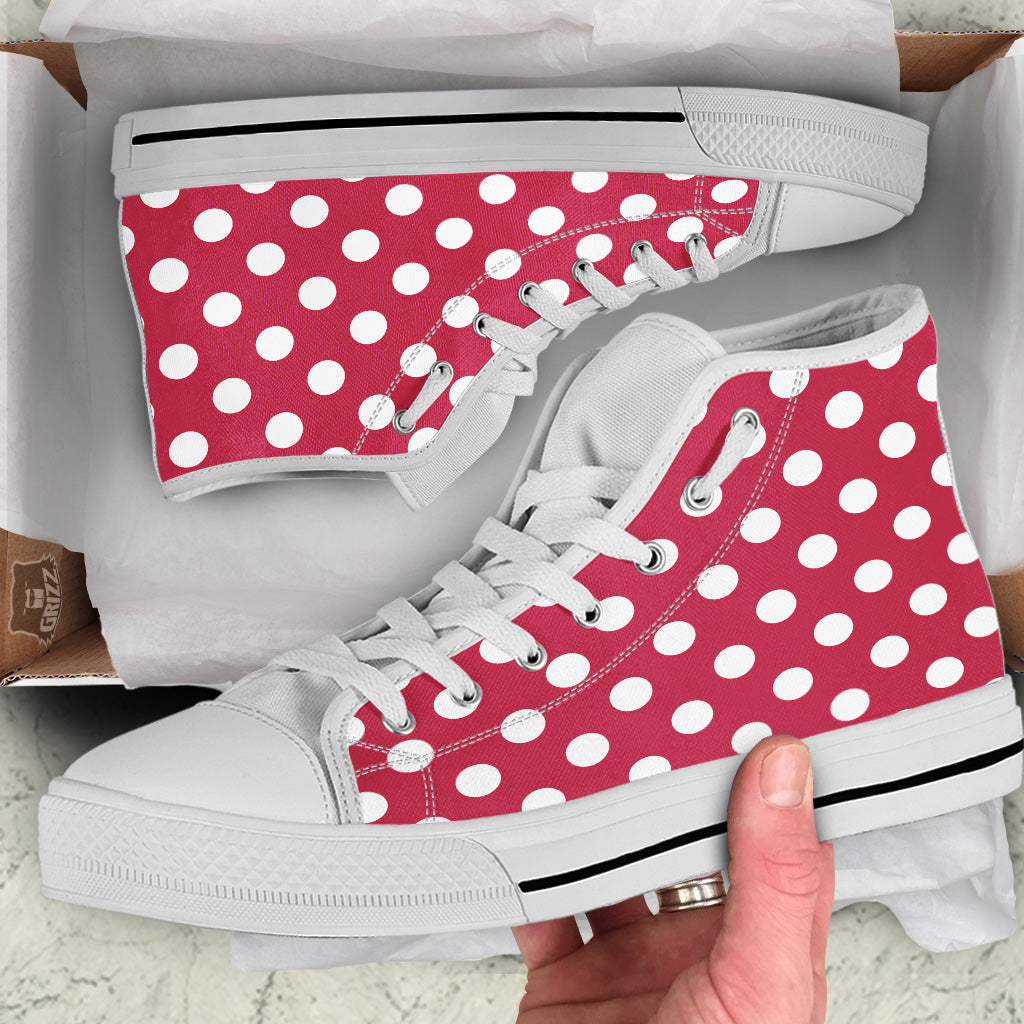 Crimson Color Polka Dot Print Pattern White High Top Shoes-grizzshop