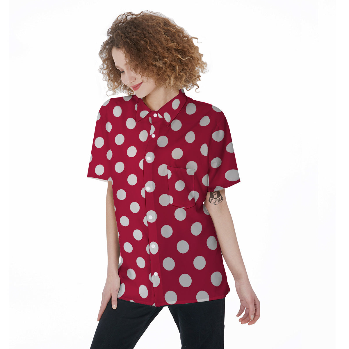 Crimson Color Polka Dot Print Pattern Women's Short Sleeve Shirts-grizzshop