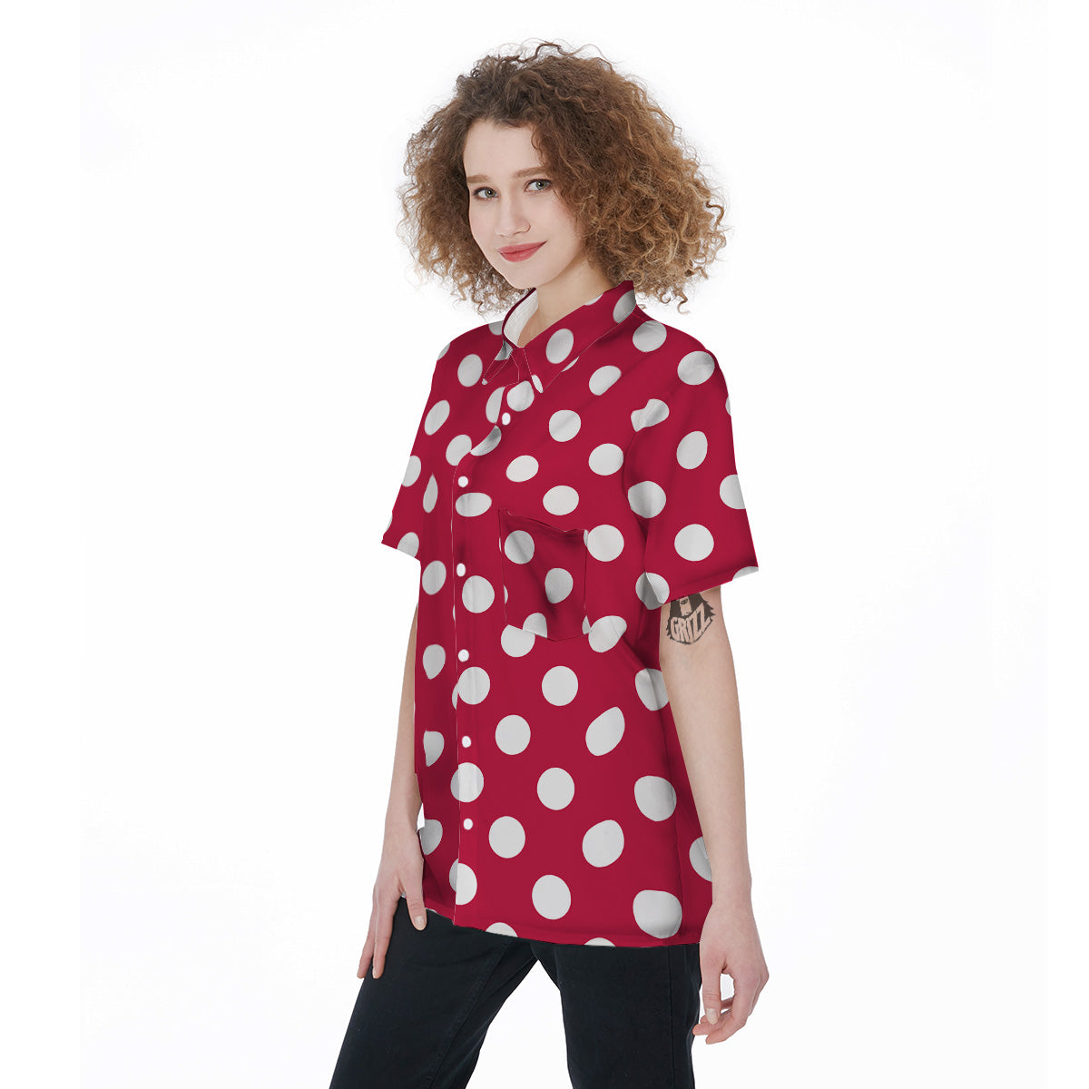 Crimson Color Polka Dot Print Pattern Women's Short Sleeve Shirts-grizzshop