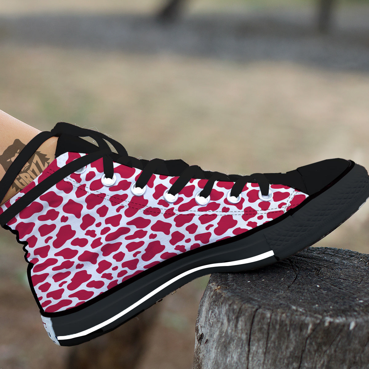 Crimson Cow Print Pattern Black High Top Shoes-grizzshop