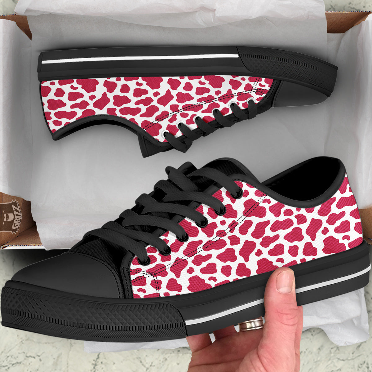 Crimson Cow Print Pattern Black Low Top Shoes-grizzshop
