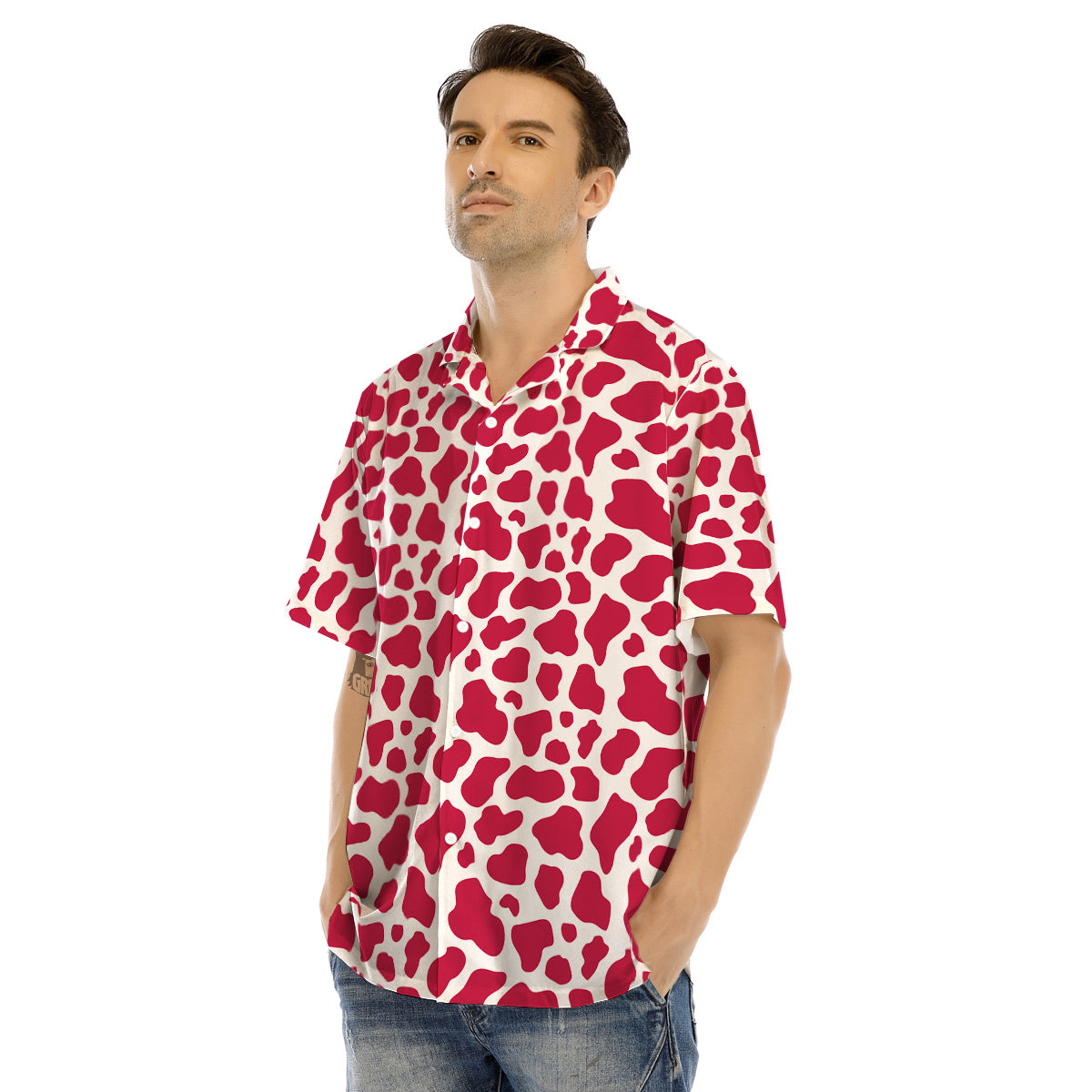 Crimson Cow Print Pattern Men’s Hawaiian Shirt-grizzshop