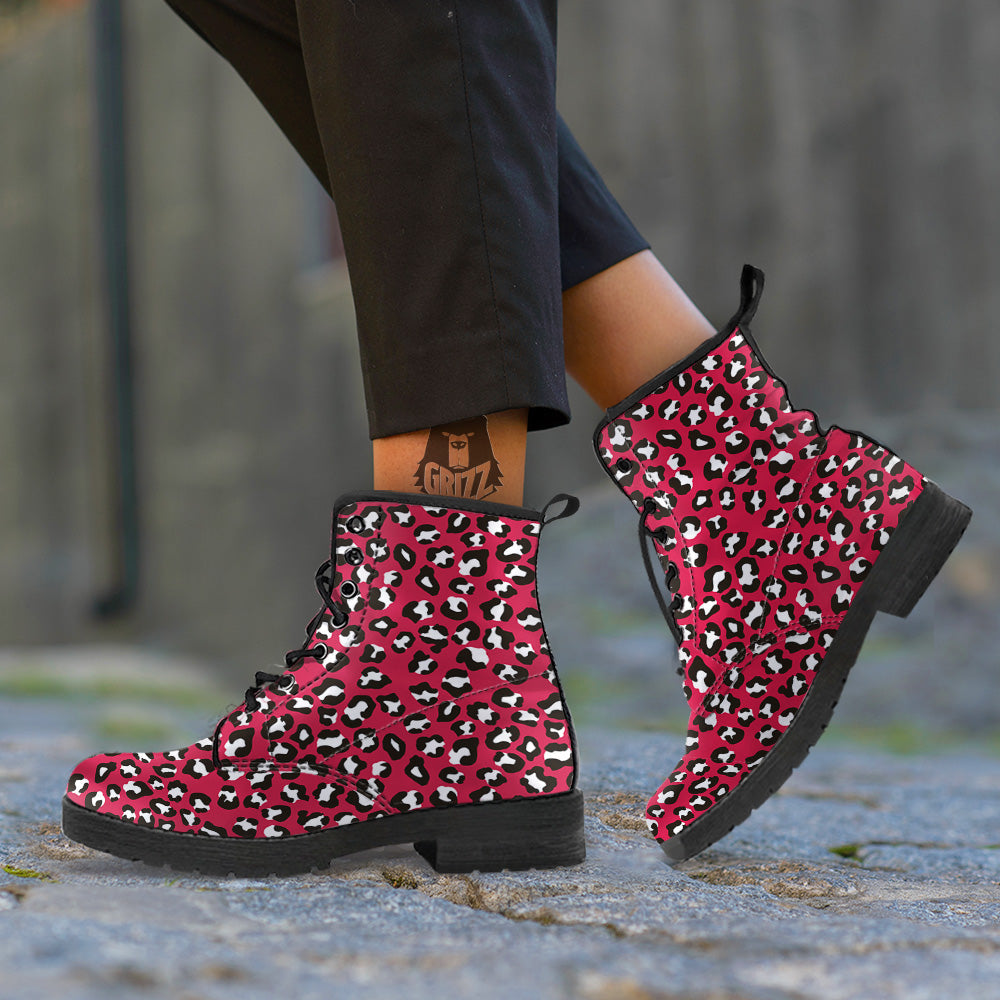 Crimson Leopard Print Pattern Leather Boots-grizzshop