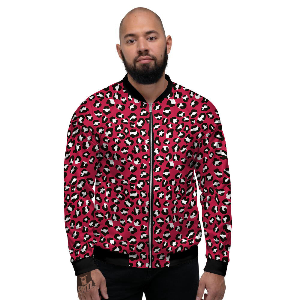 Crimson Leopard Print Pattern Men's Bomber Jacket-grizzshop