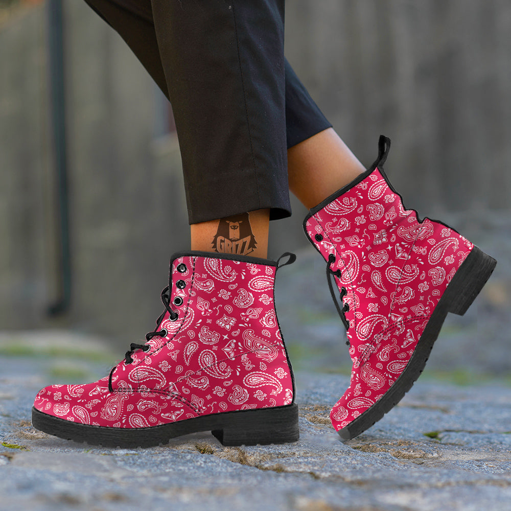 Crimson Paisley Bandana Print Leather Boots-grizzshop