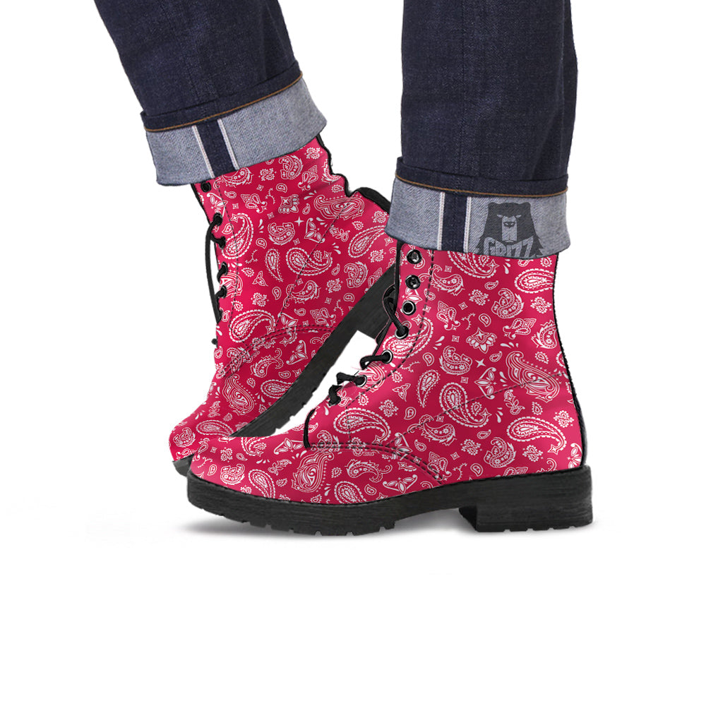 Crimson Paisley Bandana Print Leather Boots-grizzshop