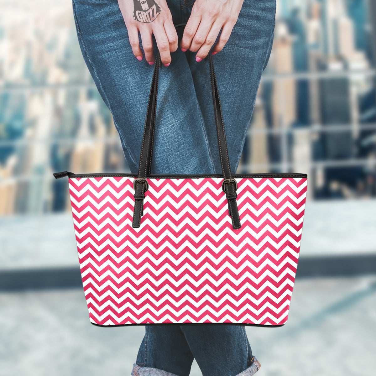 Crimson Zigzag Print Pattern Leather Tote Bag-grizzshop