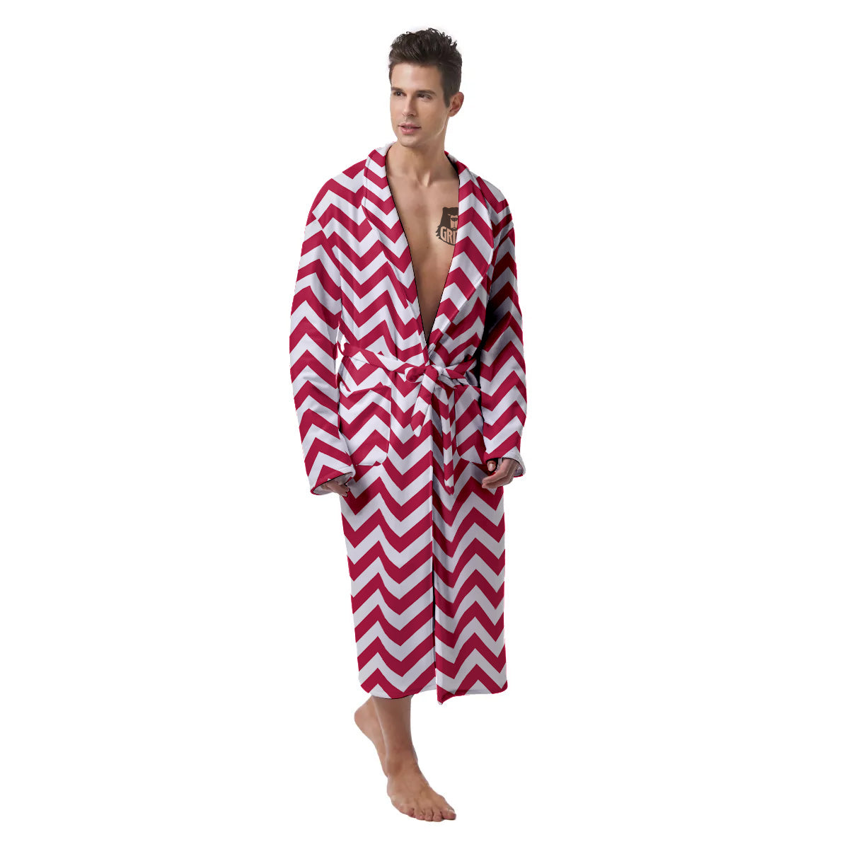 Crimson Zigzag Print Pattern Men's Robe-grizzshop