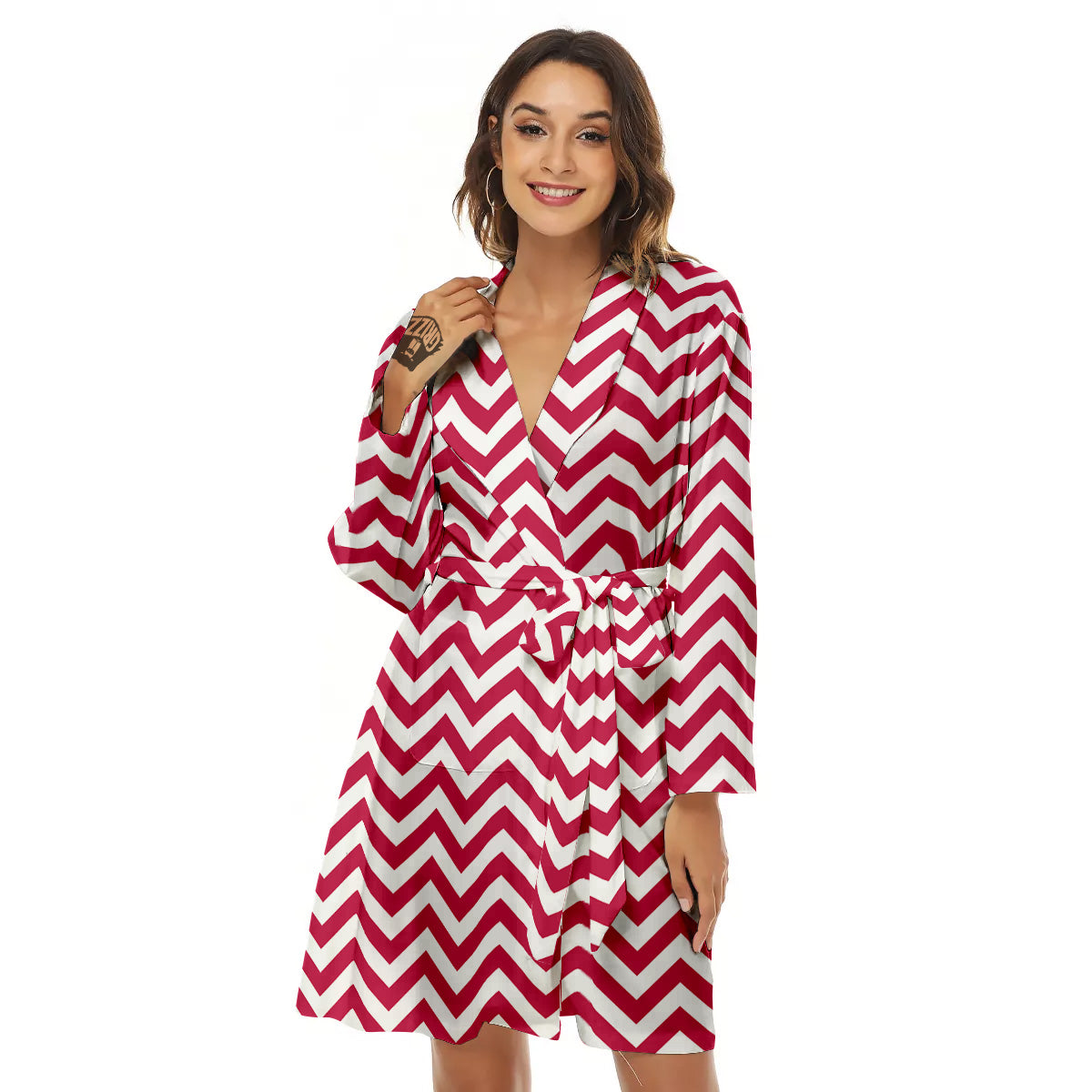 Crimson Zigzag Print Pattern Women's Robe-grizzshop
