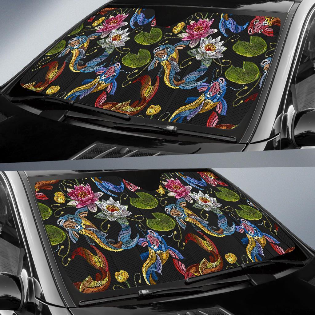 Crochet Koi Fish Lotus Pattern Print Car Sun Shade-grizzshop