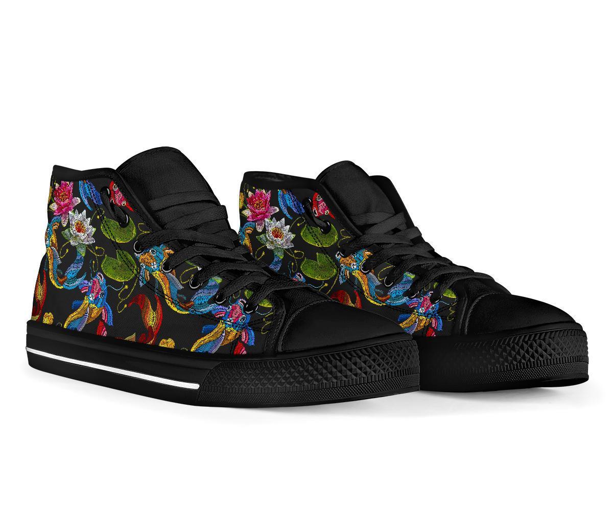 Crochet Koi Fish Lotus Pattern Print Men Women's High Top Shoes-grizzshop