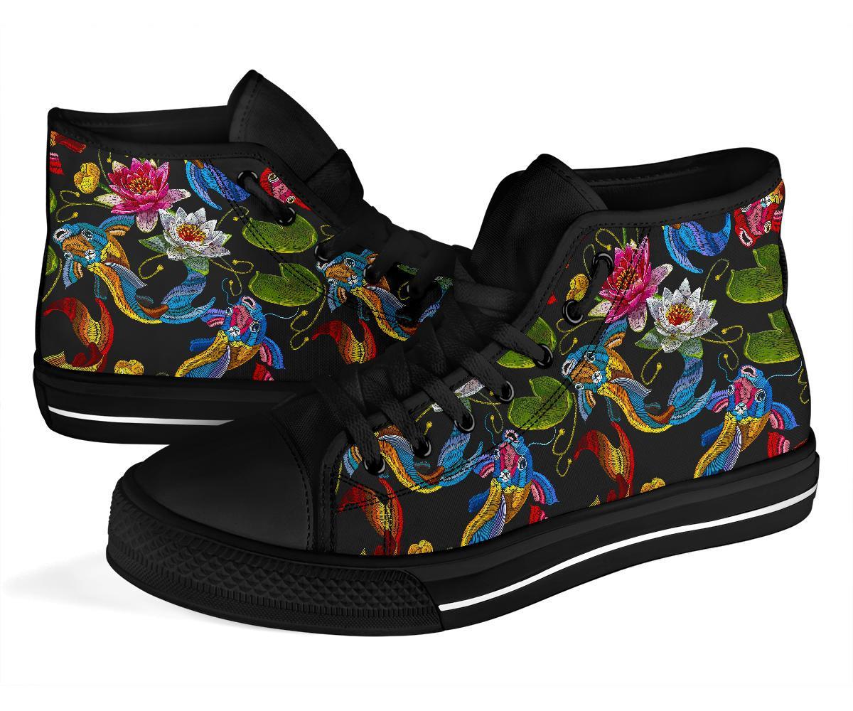 Crochet Koi Fish Lotus Pattern Print Men Women's High Top Shoes-grizzshop