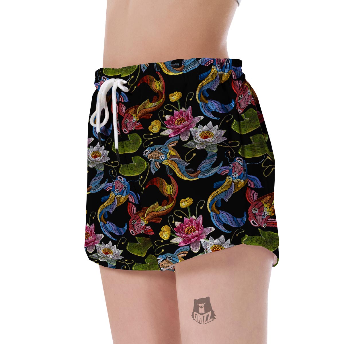 Crochet Koi Fish Lotus Pattern Print Women's Shorts-grizzshop