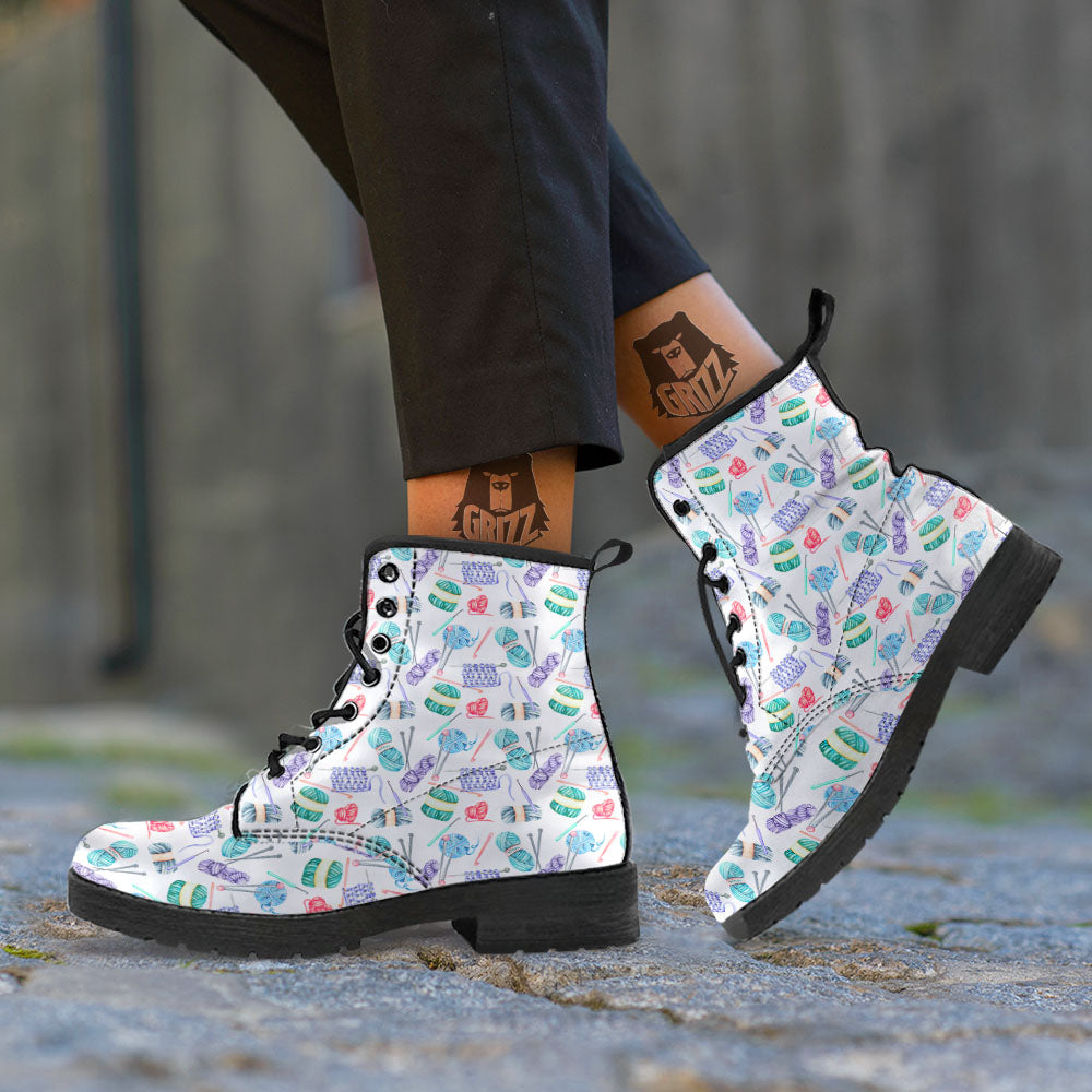 Crochet Yarn Print Pattern Leather Boots-grizzshop
