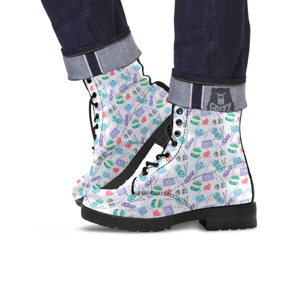 Crochet Yarn Print Pattern Leather Boots-grizzshop
