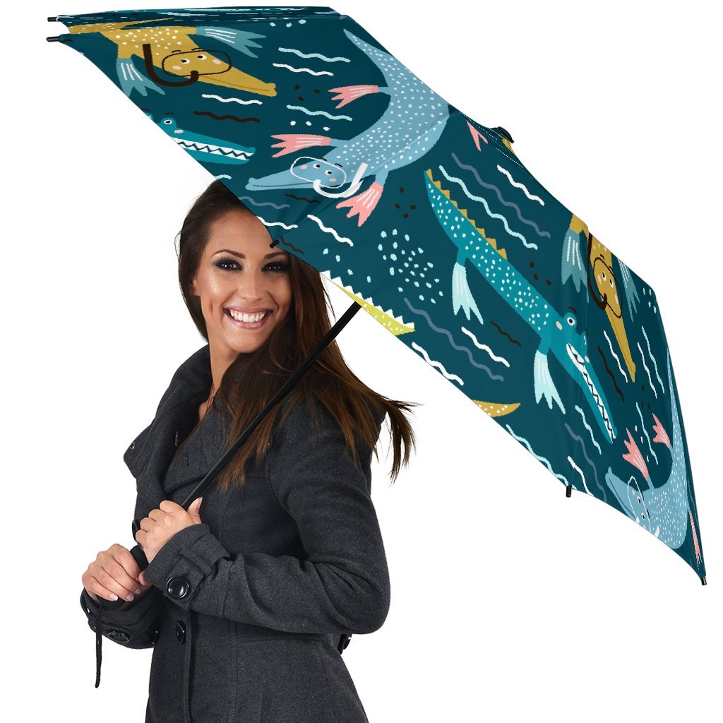 Crocodile Cartoon Pattern Print Automatic Foldable Umbrella-grizzshop