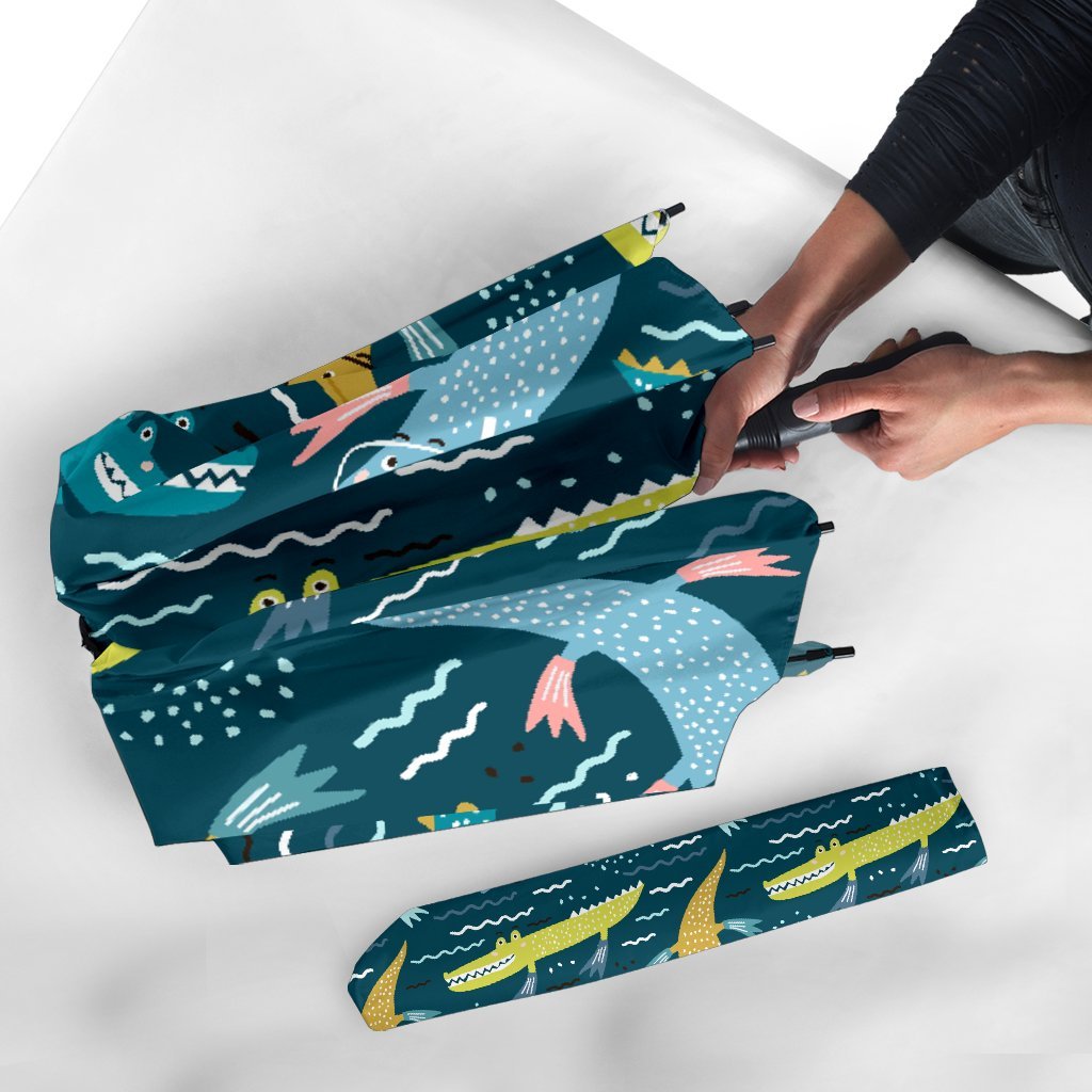 Crocodile Cartoon Pattern Print Automatic Foldable Umbrella-grizzshop