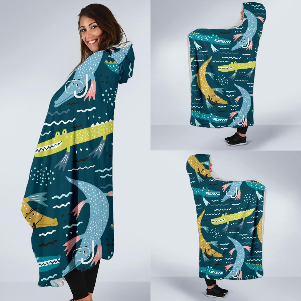 Crocodile Cartoon Pattern Print Hooded Blanket-grizzshop