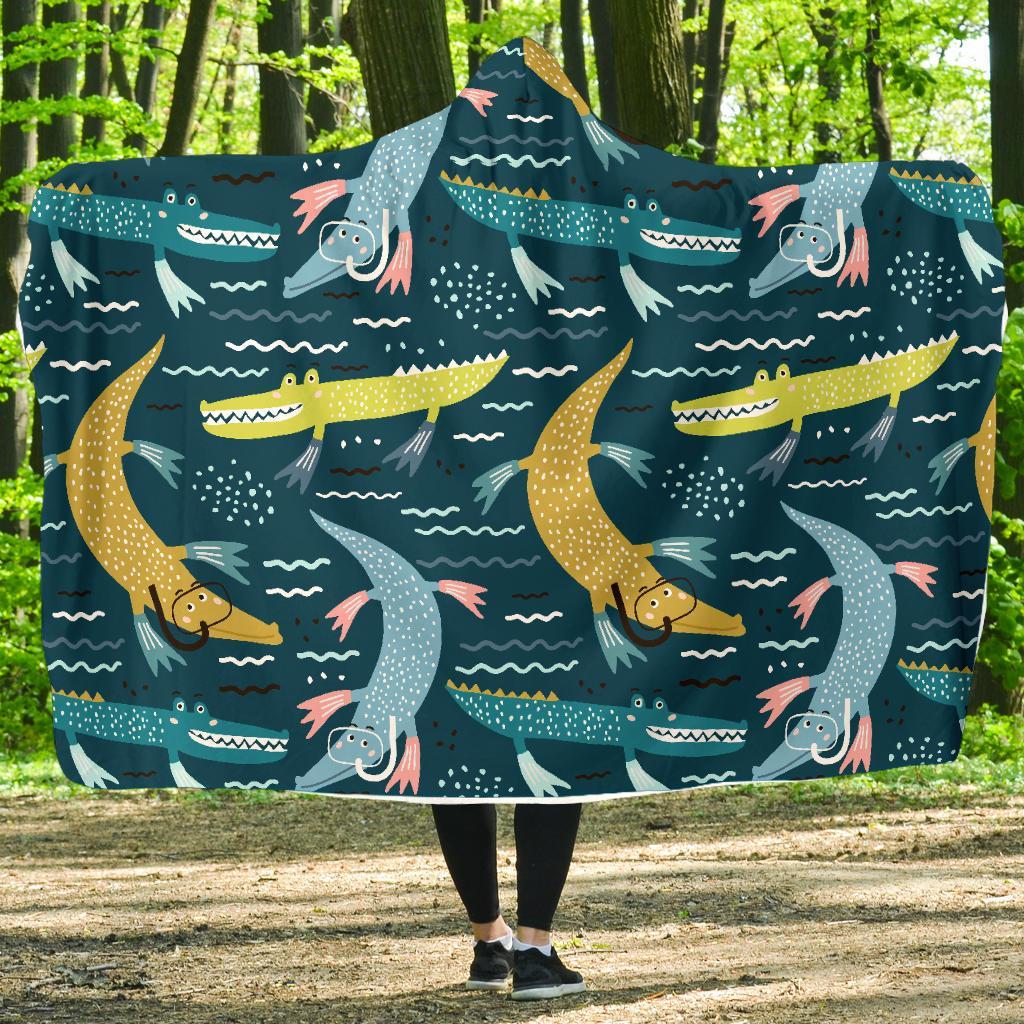 Crocodile Cartoon Pattern Print Hooded Blanket-grizzshop