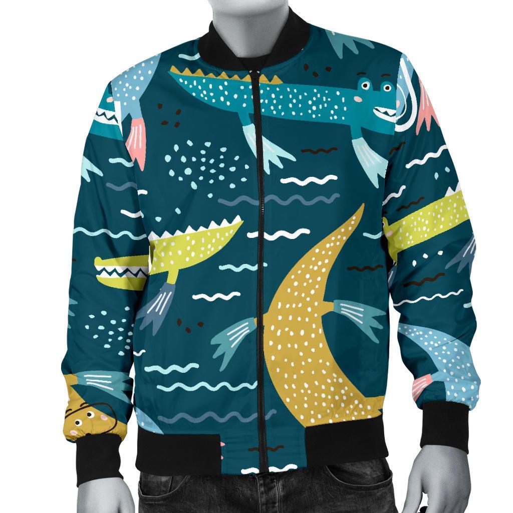 Crocodile Cartoon Pattern Print Men's Bomber Jacket-grizzshop