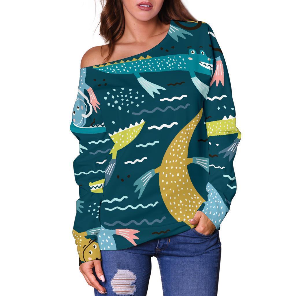 Crocodile Cartoon Pattern Print Women Off Shoulder Sweatshirt-grizzshop