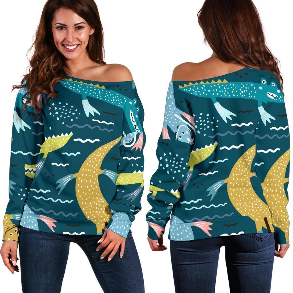 Crocodile Cartoon Pattern Print Women Off Shoulder Sweatshirt-grizzshop