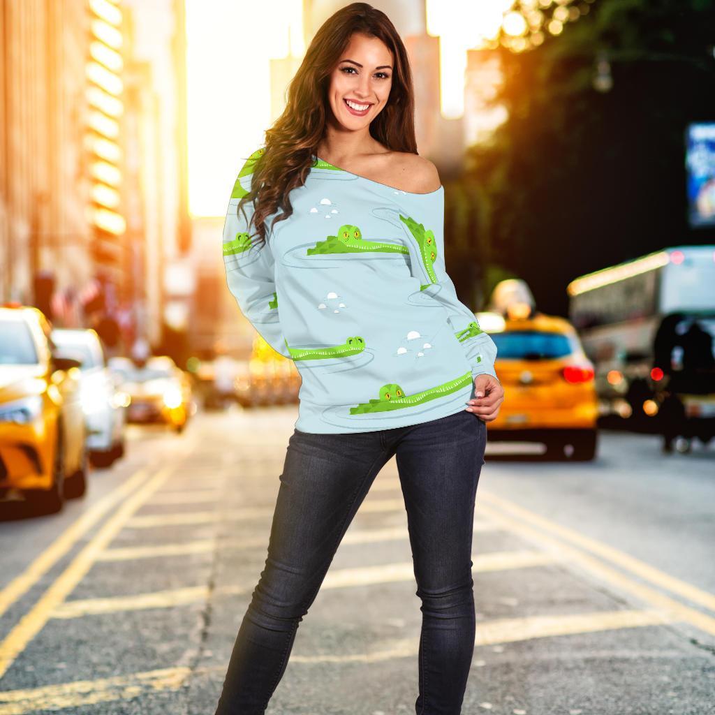 Crocodile Cartoon Print Pattern Women Off Shoulder Sweatshirt-grizzshop