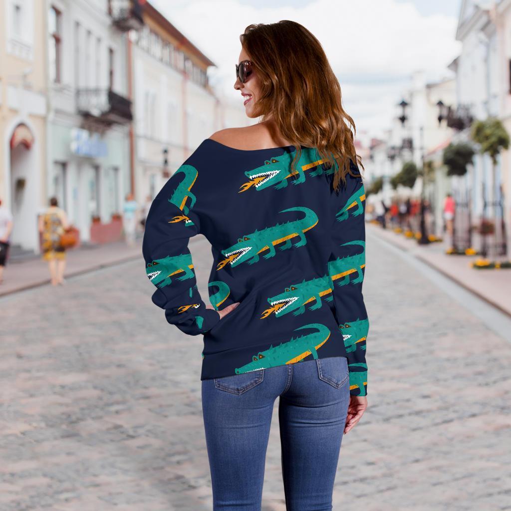 Crocodile Pattern Print Women Off Shoulder Sweatshirt-grizzshop