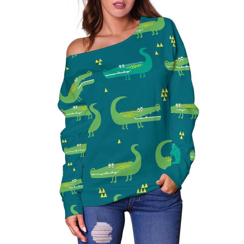 Crocodile Print Pattern Women Off Shoulder Sweatshirt-grizzshop
