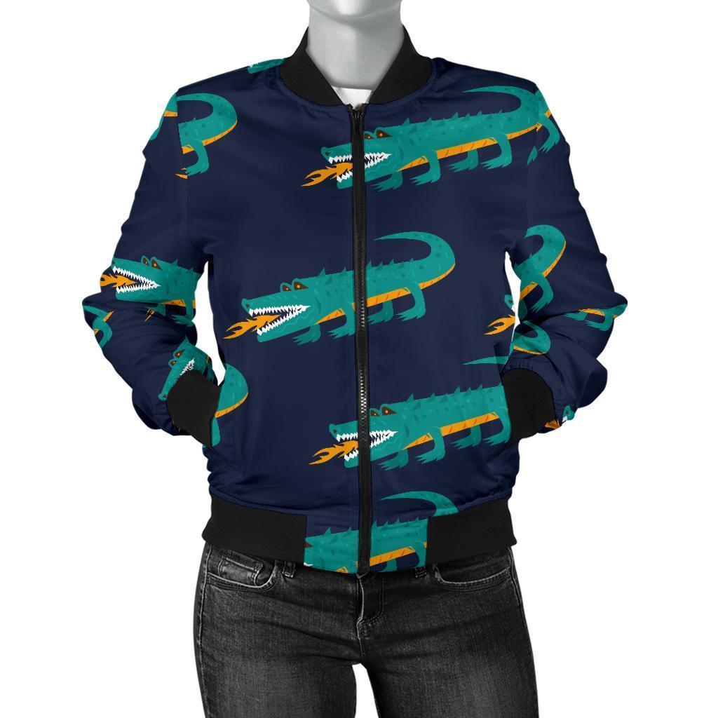 Crocodile Pattern Print Women Casual Bomber Jacket-grizzshop