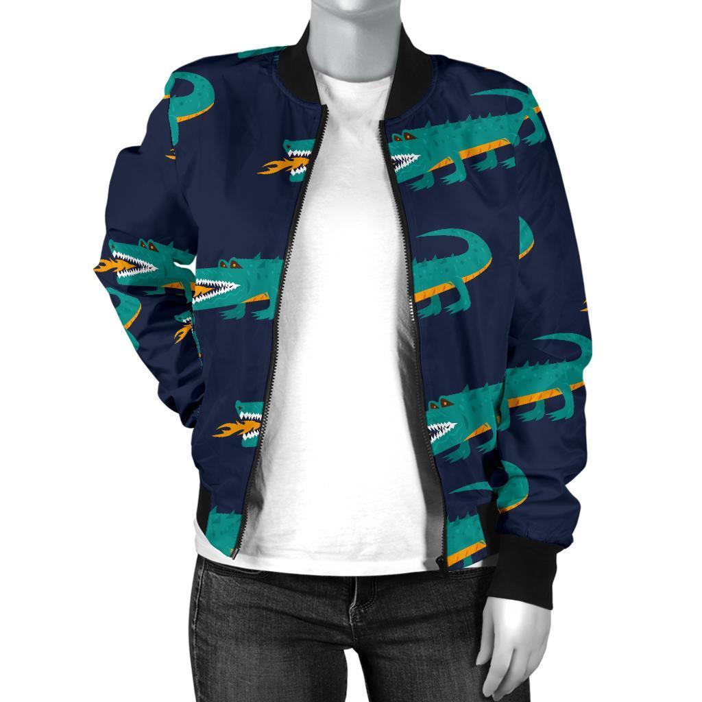 Crocodile Pattern Print Women Casual Bomber Jacket-grizzshop