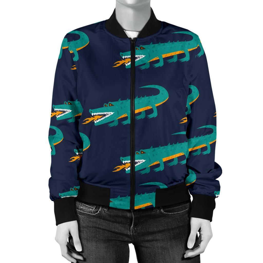 Crocodile Pattern Print Women Casual Bomber Jacket-grizzshop