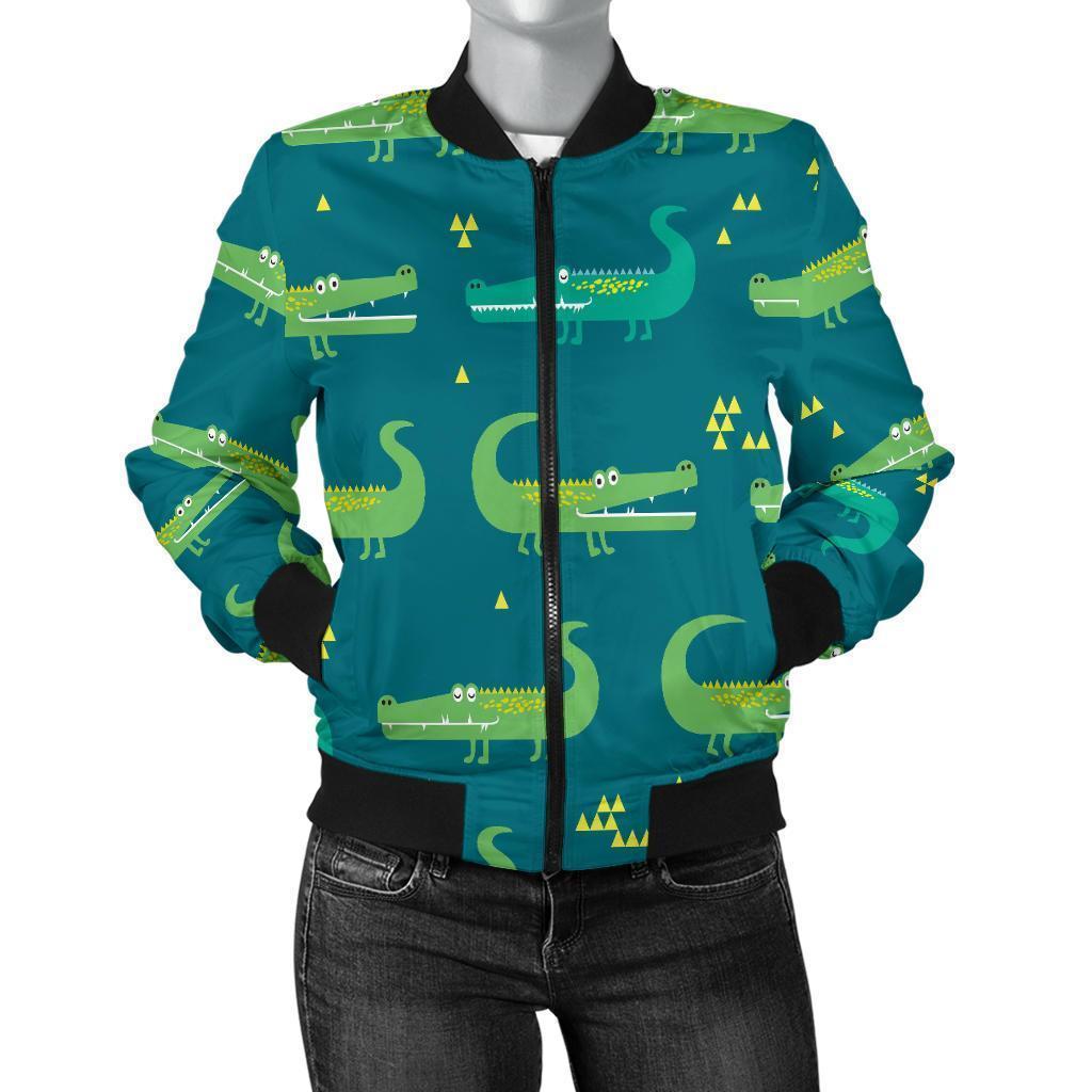 Crocodile Print Pattern Women Casual Bomber Jacket-grizzshop