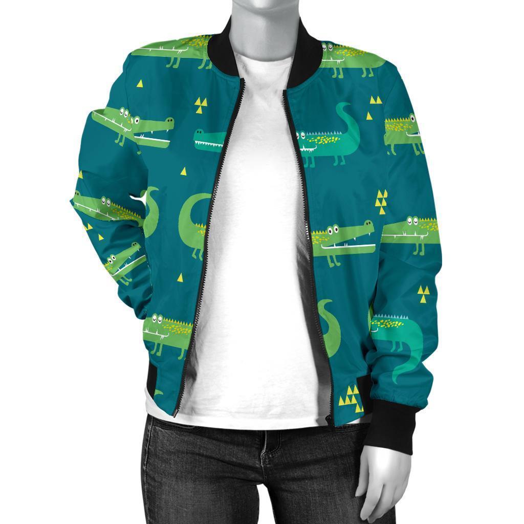 Crocodile Print Pattern Women Casual Bomber Jacket-grizzshop