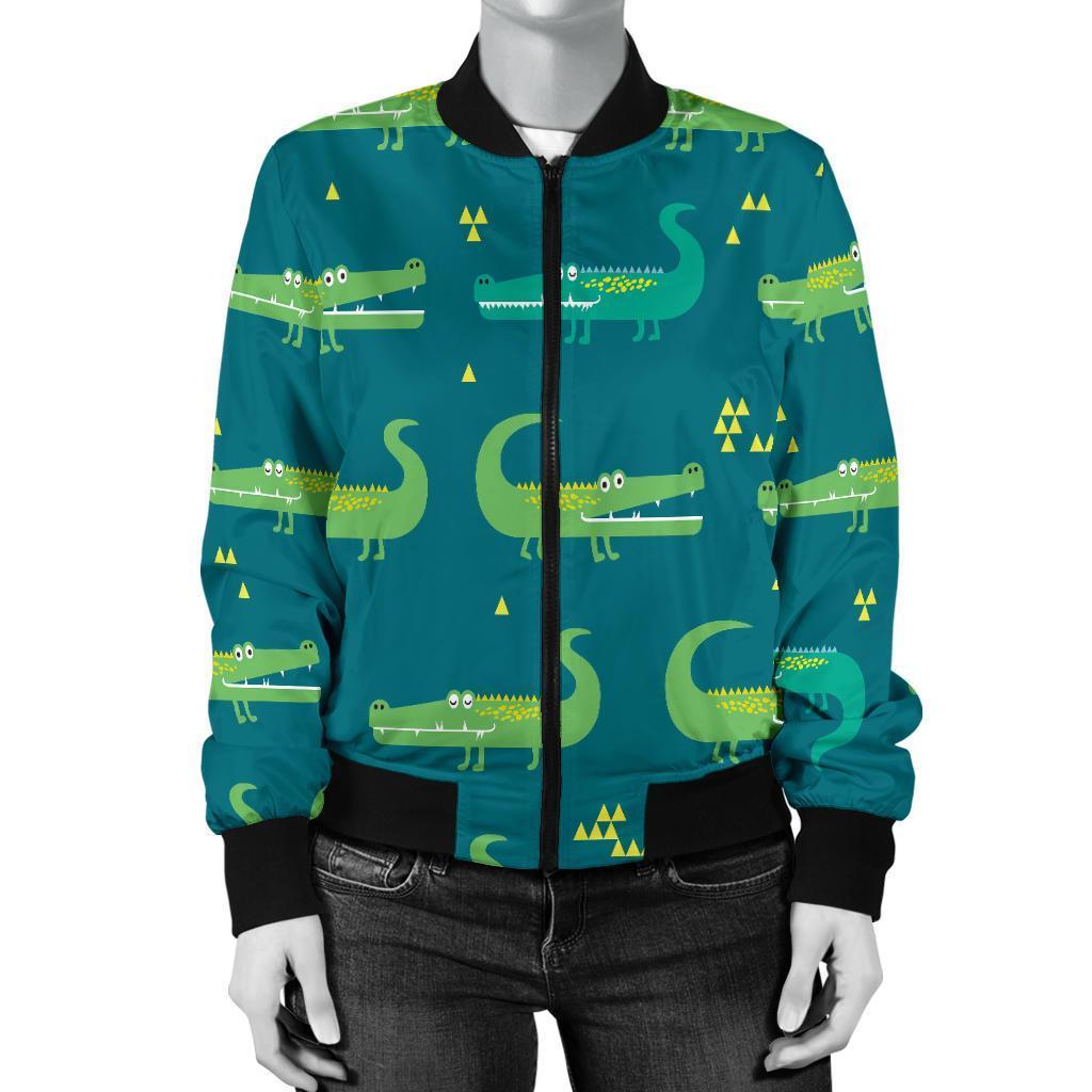 Crocodile Print Pattern Women Casual Bomber Jacket-grizzshop