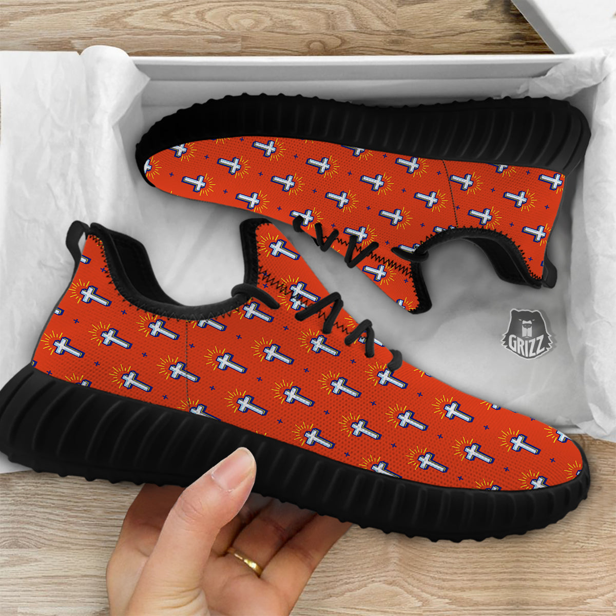 Cross Of Jesus Christ Orange Print Pattern Black Walking Shoes-grizzshop