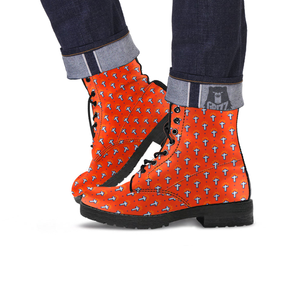 Cross Of Jesus Christ Orange Print Pattern Leather Boots-grizzshop