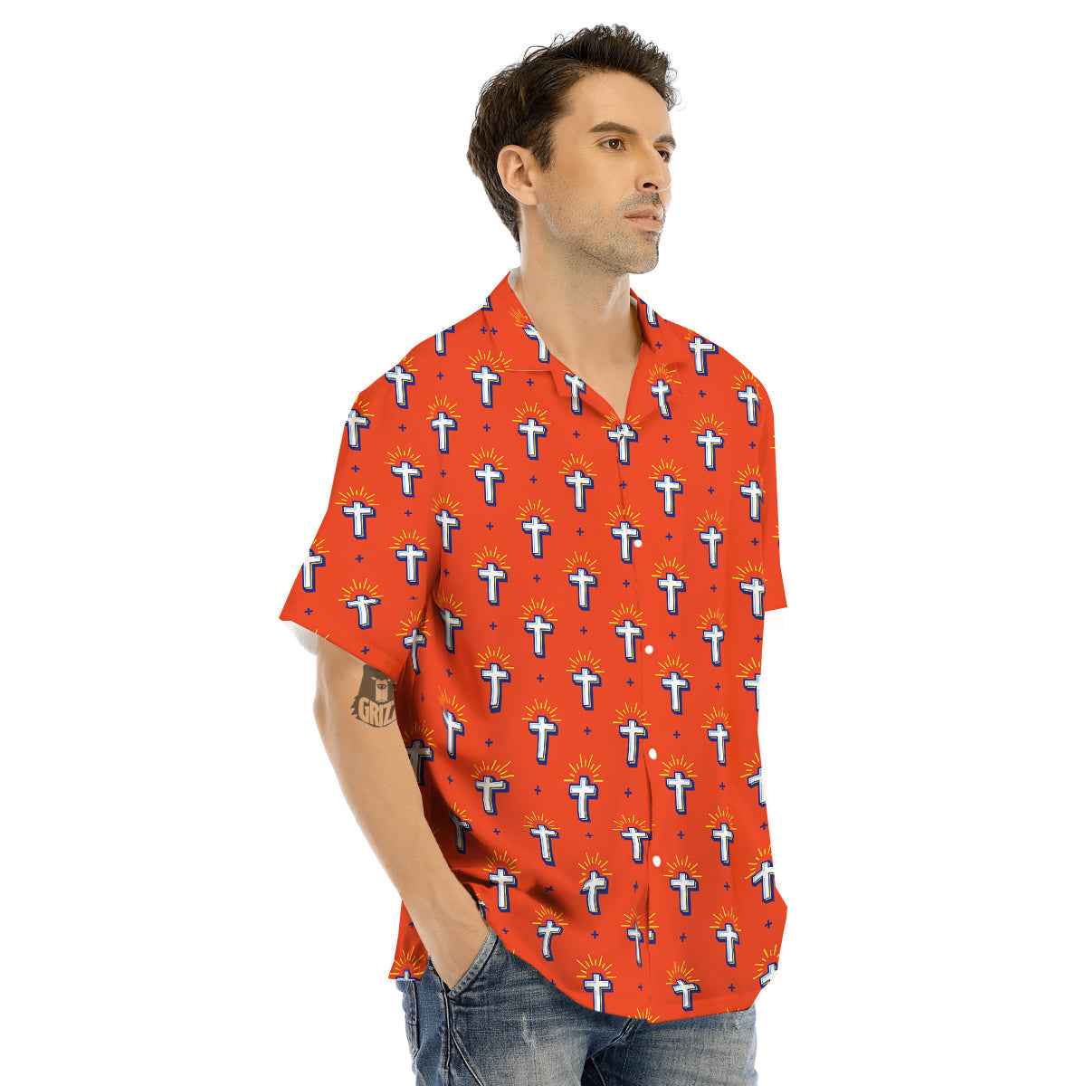 Cross Of Jesus Christ Orange Print Pattern Men's Hawaiian Shirt-grizzshop