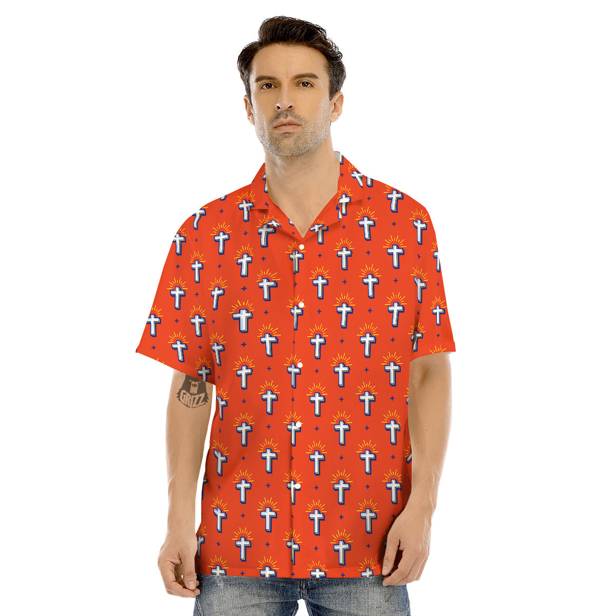 Cross Of Jesus Christ Orange Print Pattern Men's Hawaiian Shirt-grizzshop