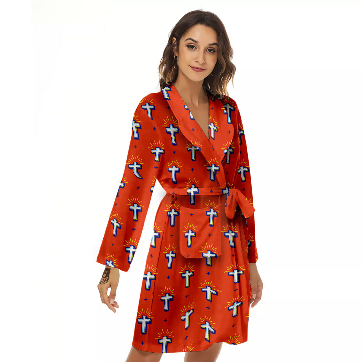 Cross Of Jesus Christ Orange Print Pattern Women's Robe-grizzshop
